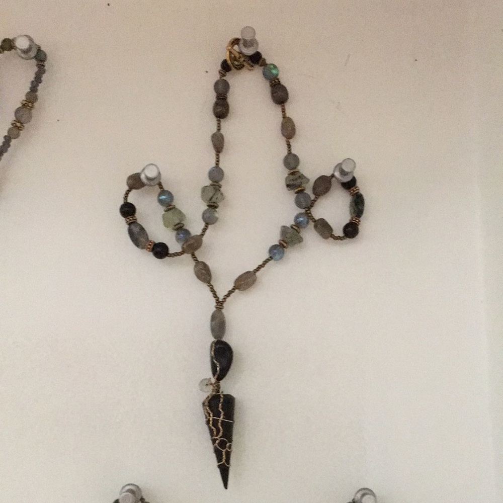 Black Obsidian Pendent with Crystal Beads Handmade One Of a Kind Necklace